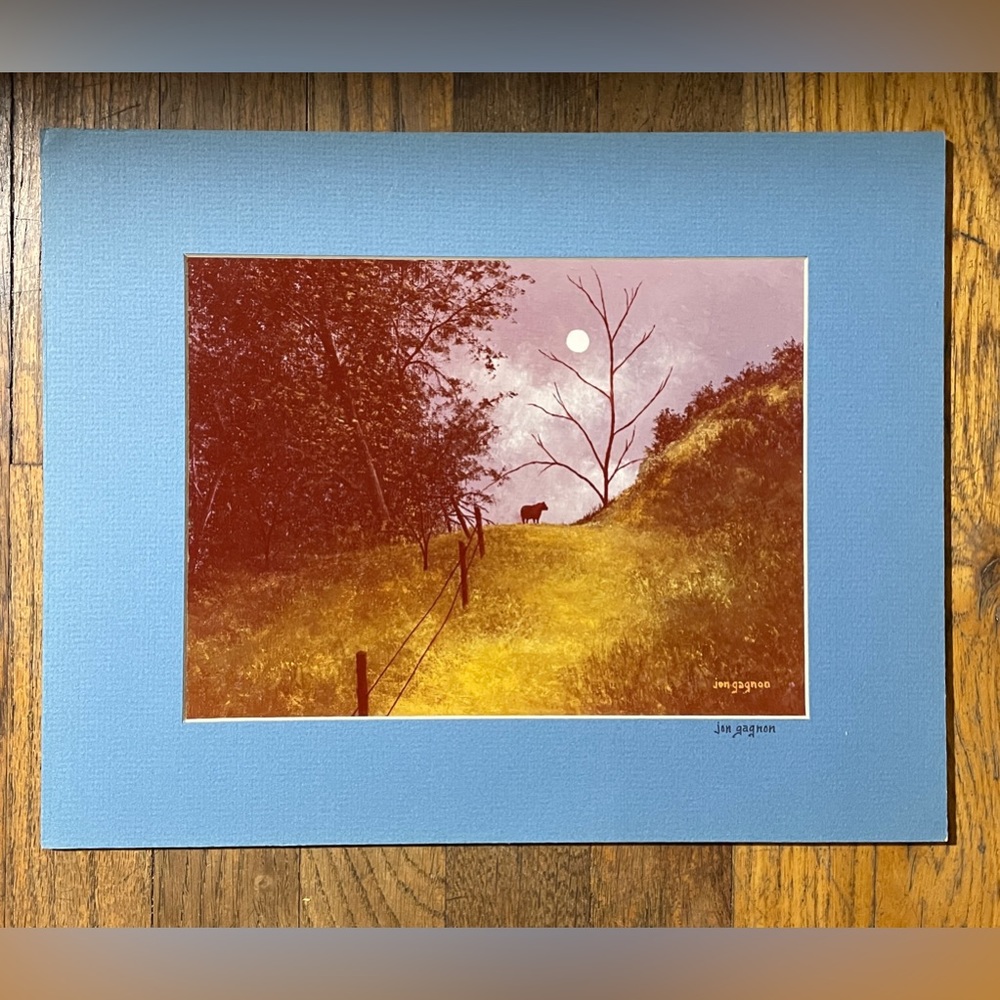 Jon Gagnon Signed Vintage Art Print Bull And Moon Landscape Blue Matte 11”x14”